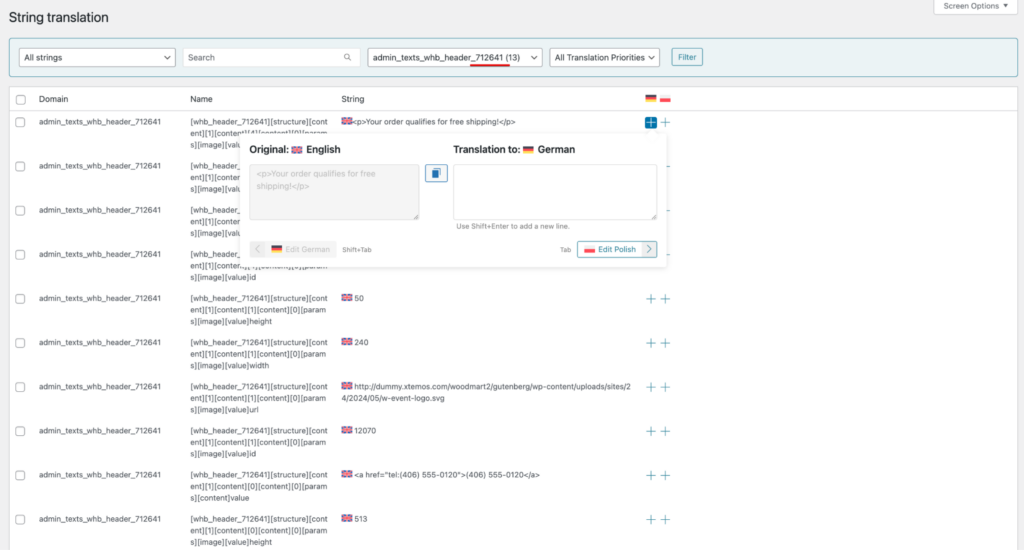 Translating WoodMart Header Builder text with WPML