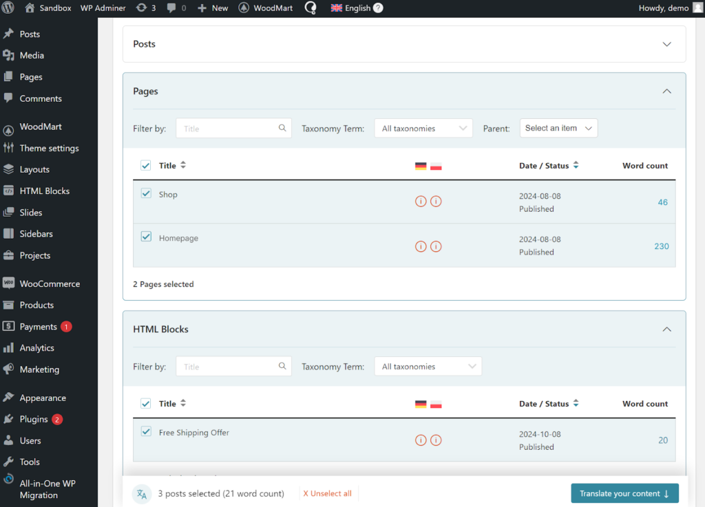 WoodMart content selected in the WPML Translation Dashboard