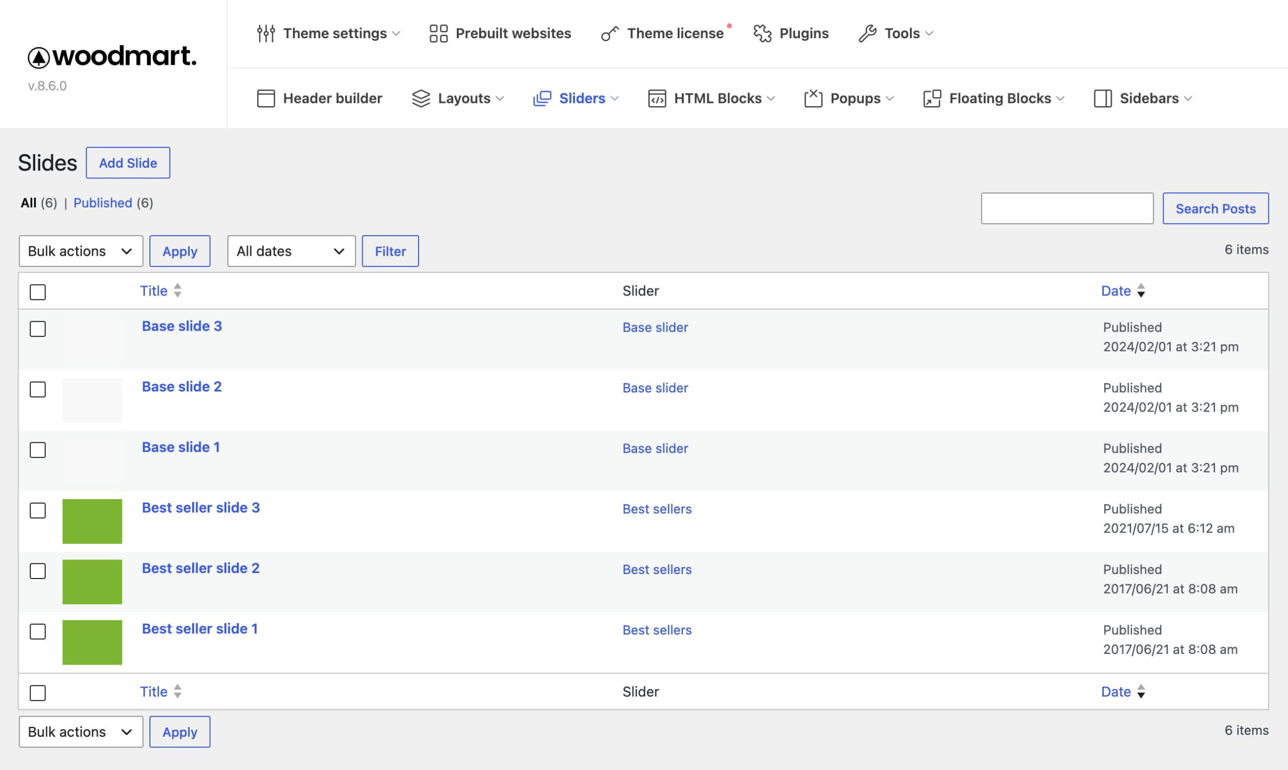 Woodmart Slides backend page