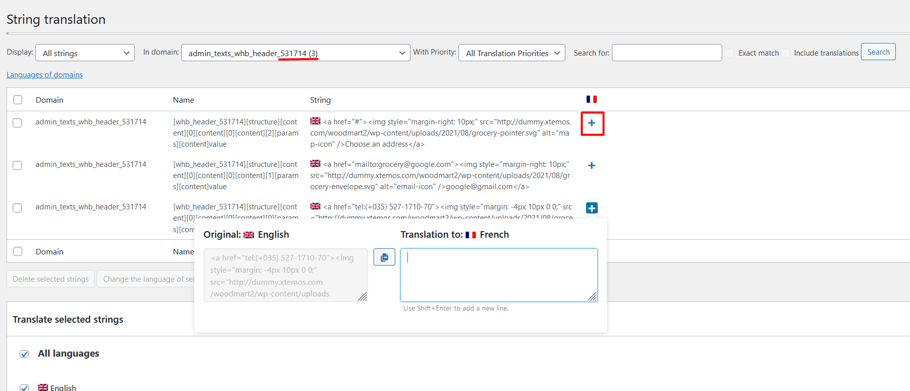 Translating custom WoodMart Header Builder strings with WPML