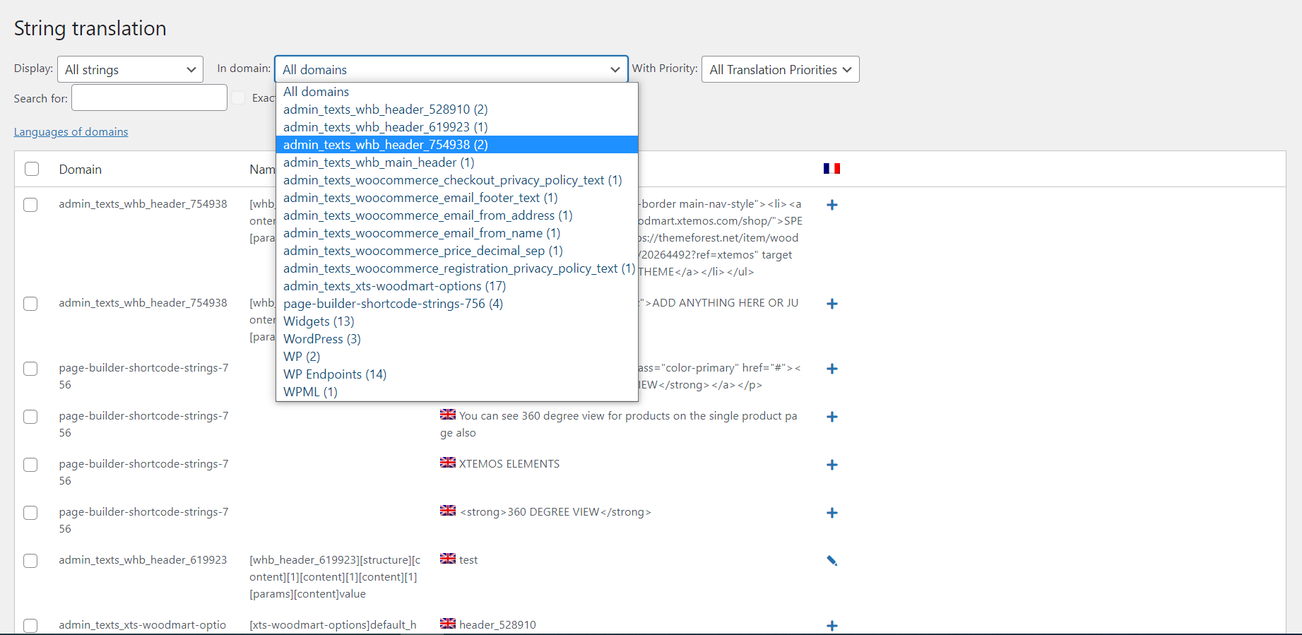 WPML String Translation domain for a WoodMart header ID