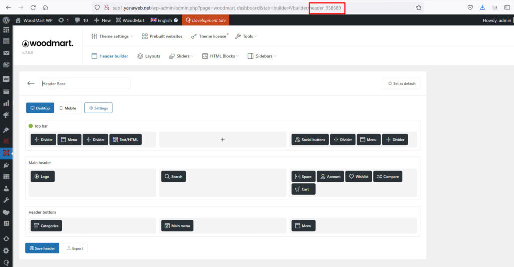 WoodMart header ID highlighted in the Header Builder URL