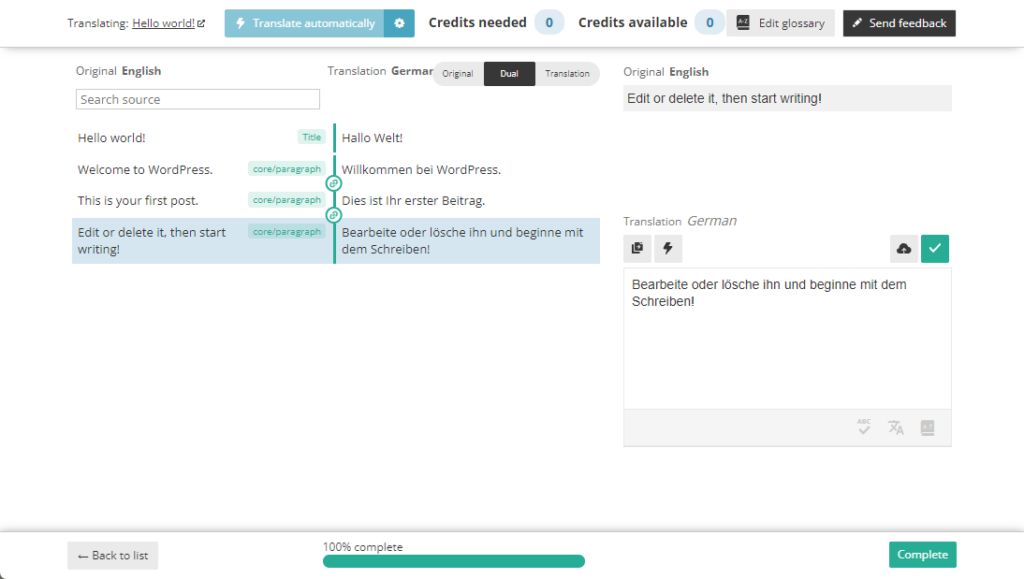 Content being translated in WPML Advanced Translation Editor