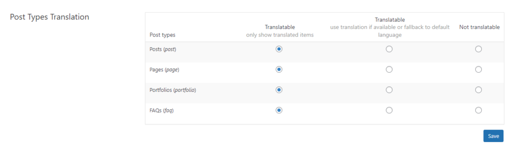 WPML post type translation settings