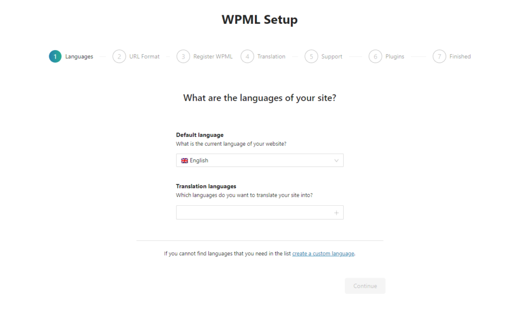 WPML setup wizard with language and translation configuration steps