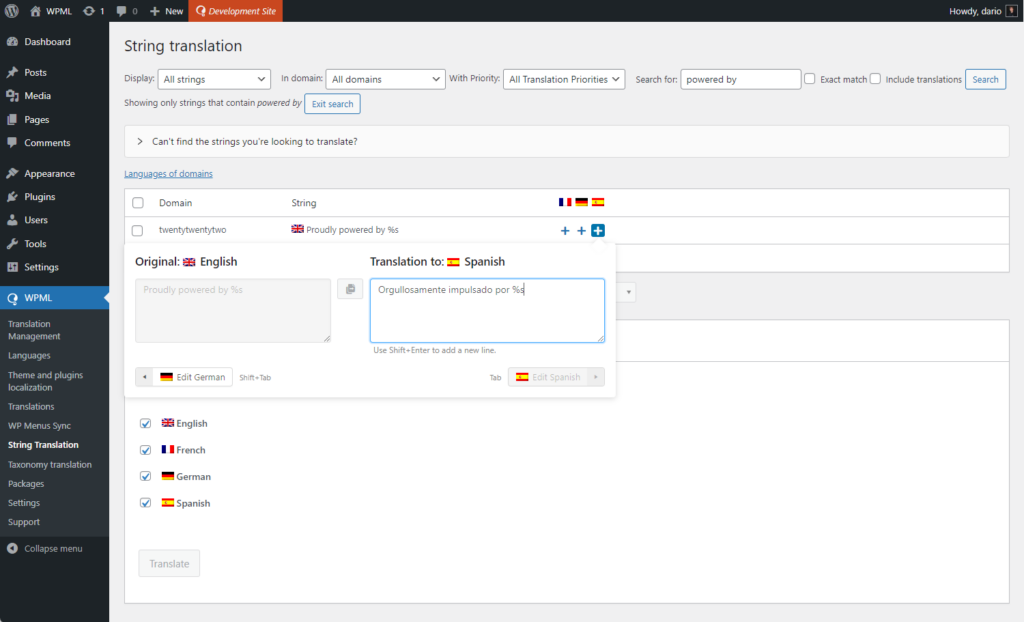 WPML String Translation screen with searchable interface texts