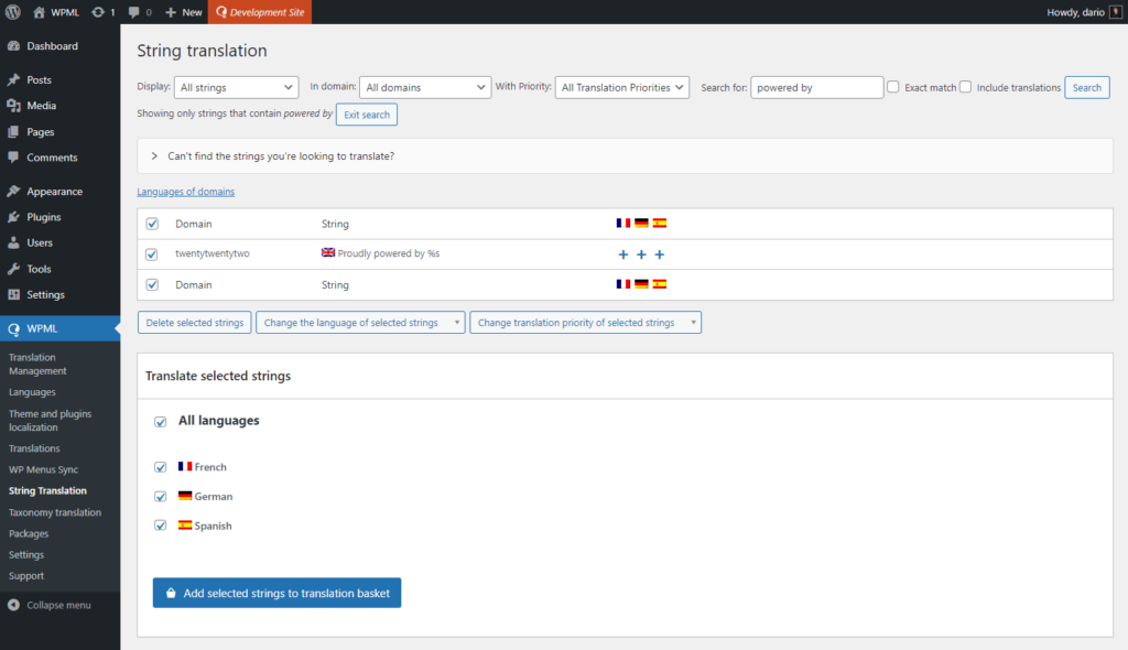Selecting WPML strings and adding them to the translation basket