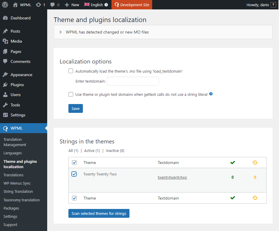 WPML controls for scanning a theme or plugin for translatable strings