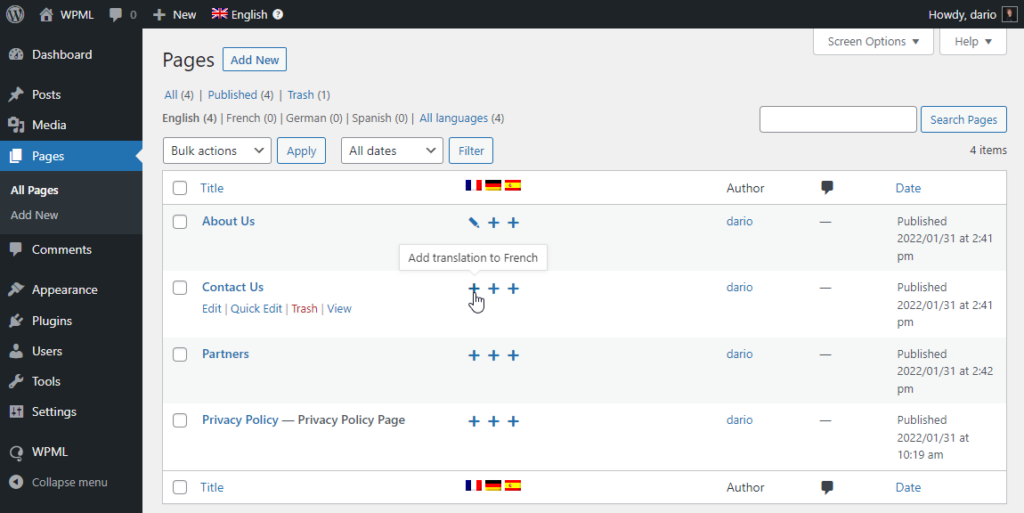WPML translation icons in the WordPress content list