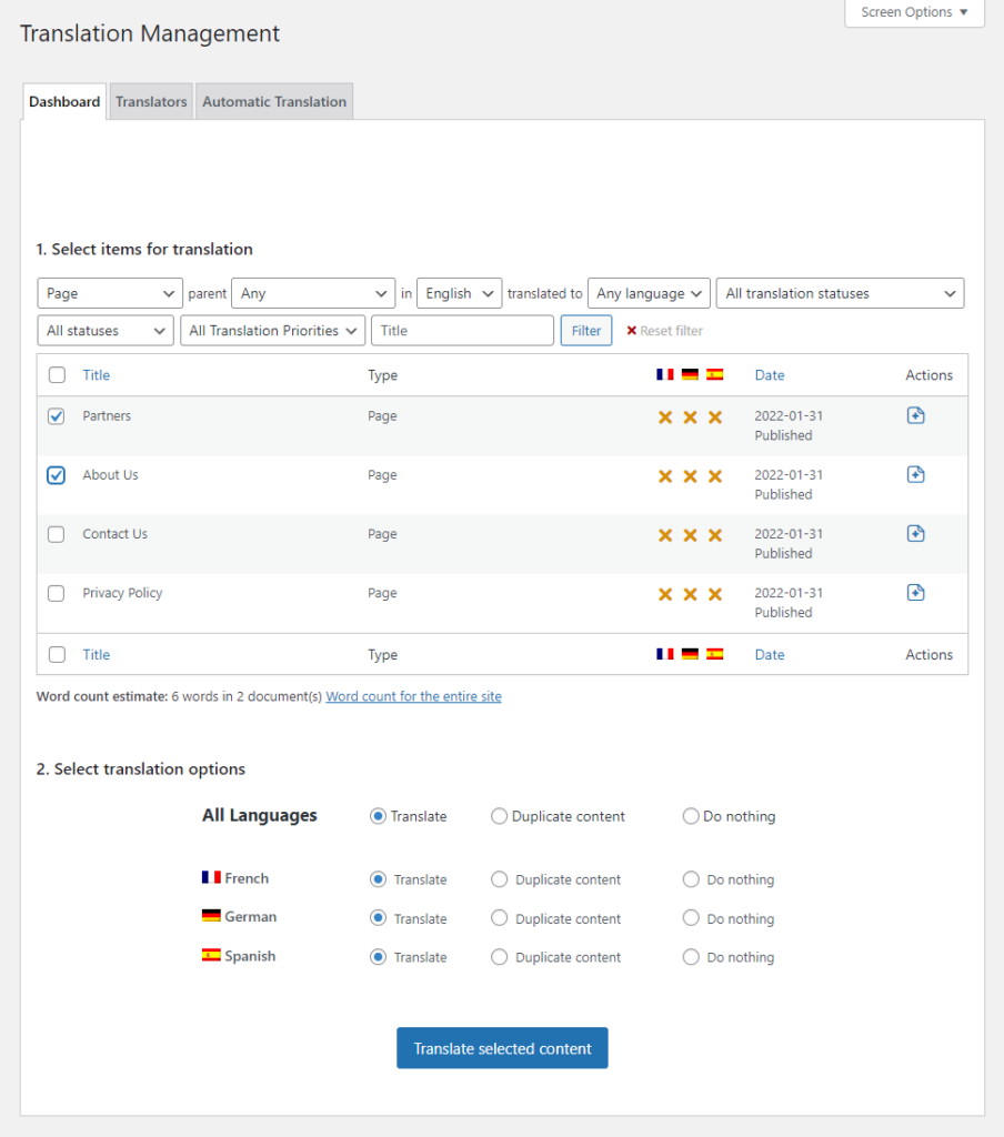 Selecting content for translation in the WPML Translation Dashboard