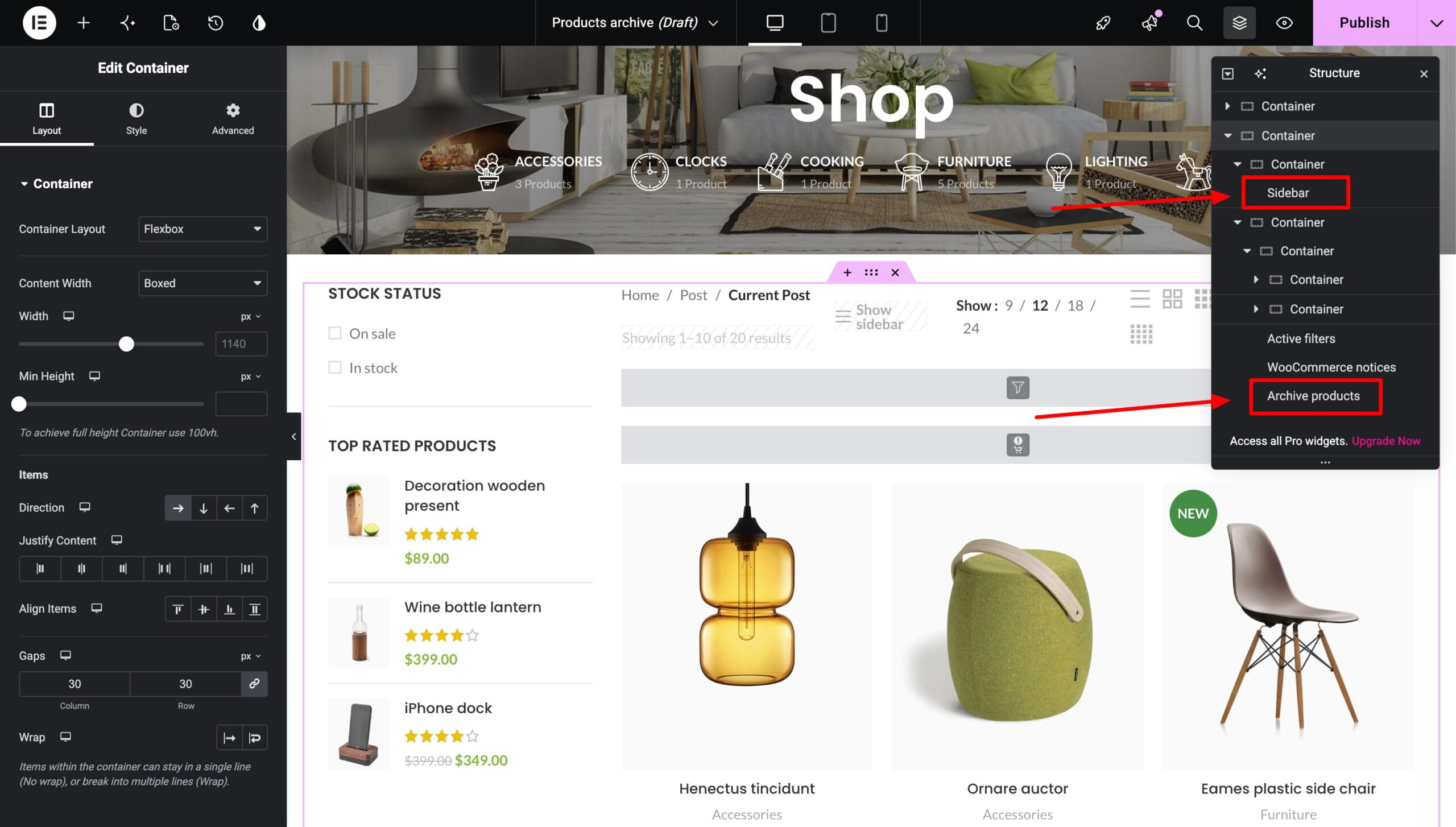 Elementor editor showing a WooCommerce products archive layout with sidebar and product grid
