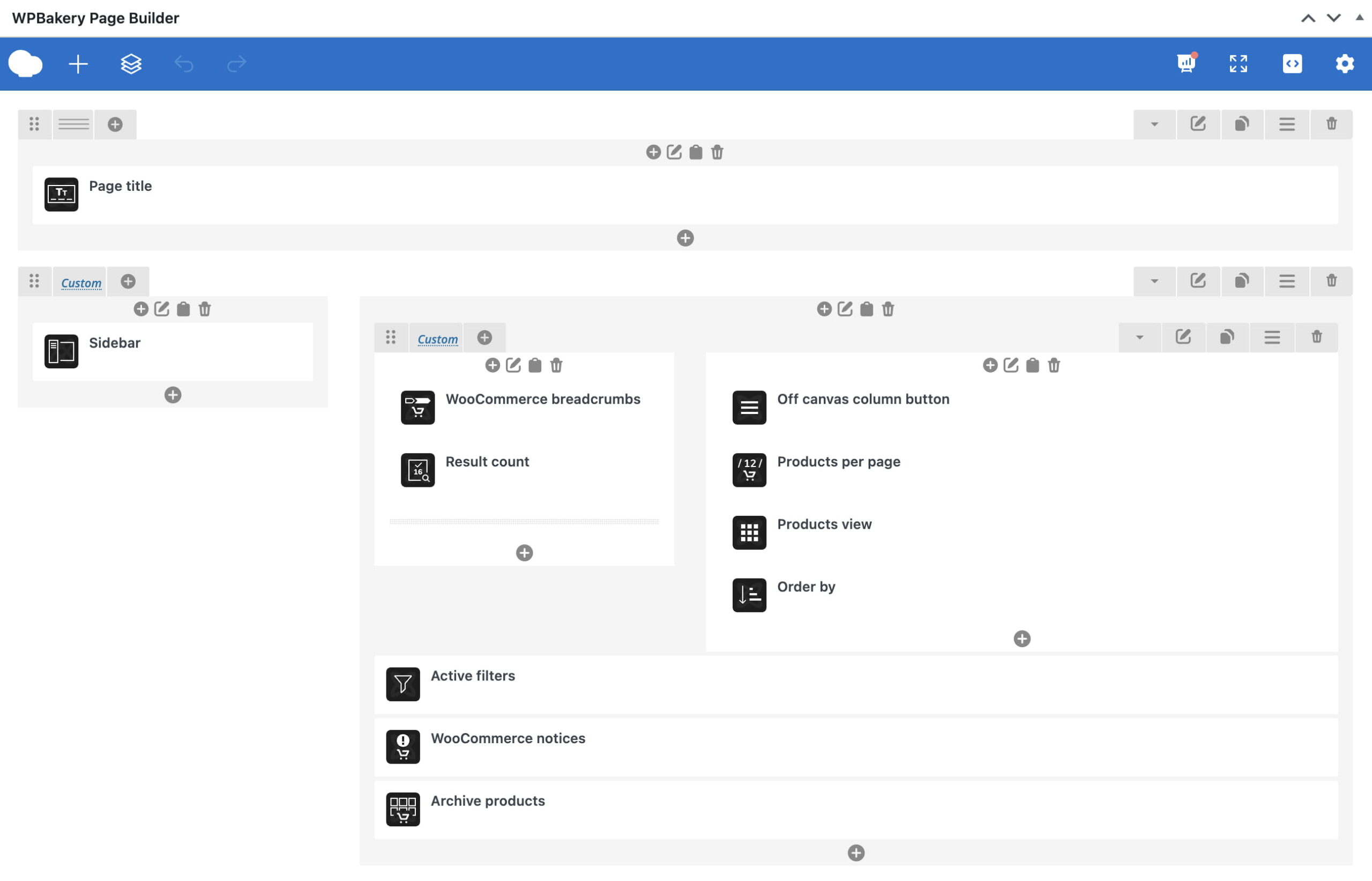 WPBakery Page Builder layout editor showing page title, sidebar, and WooCommerce product archive elements