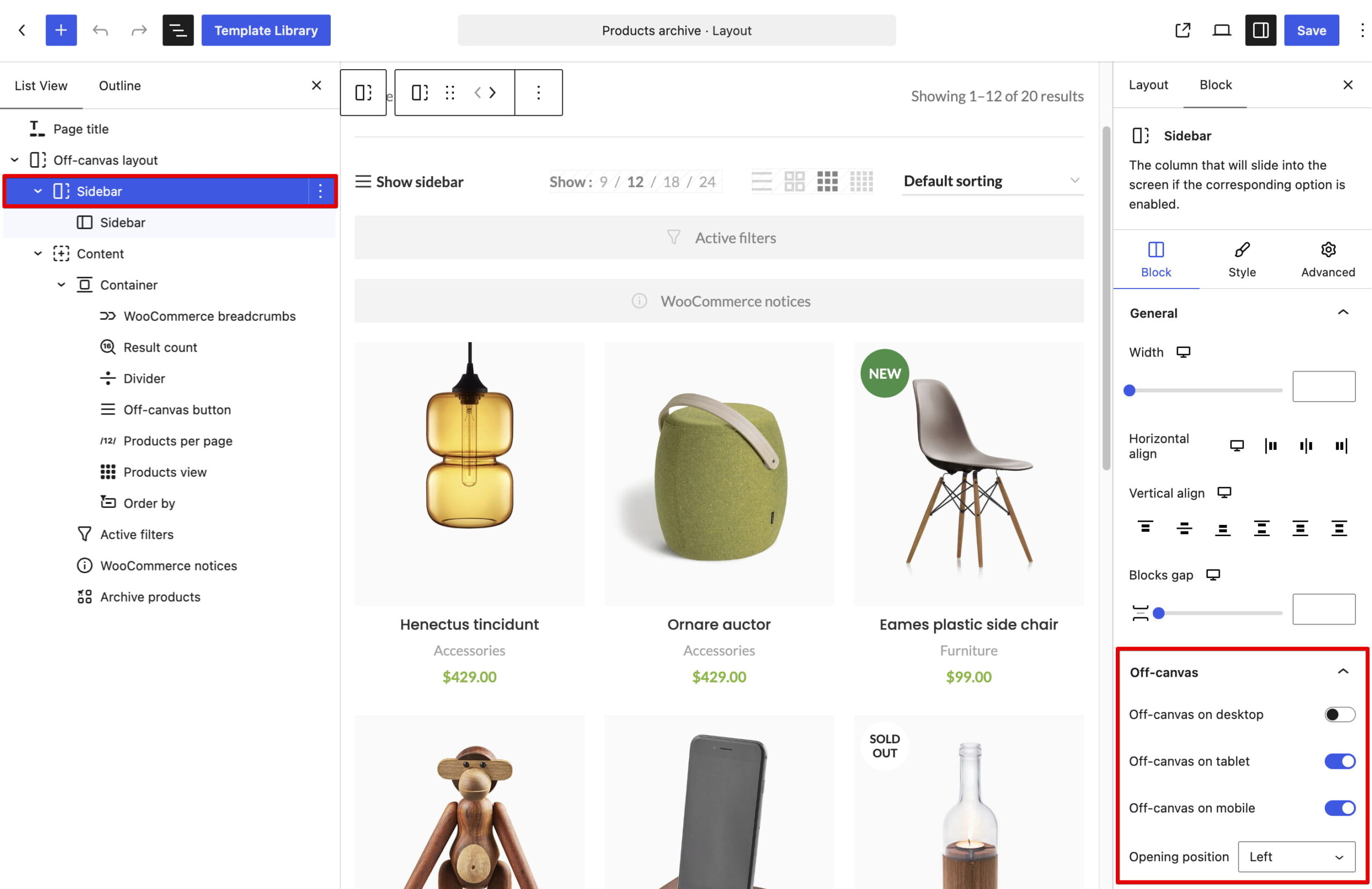 Off canvas sidebar settings on product archive layout