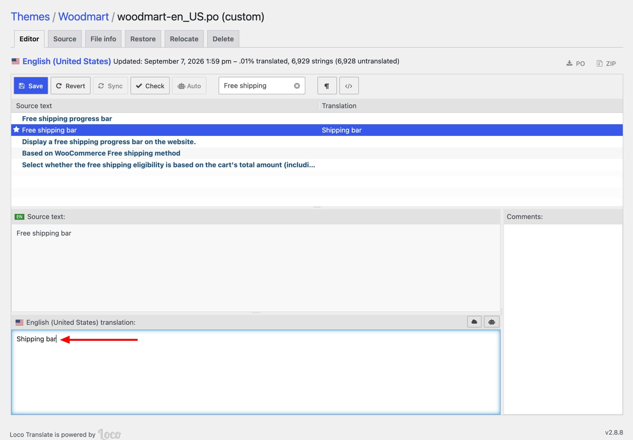 Loco Translate editor showing “Free shipping bar” translated as “Shipping bar,” with a red arrow pointing to the translation field