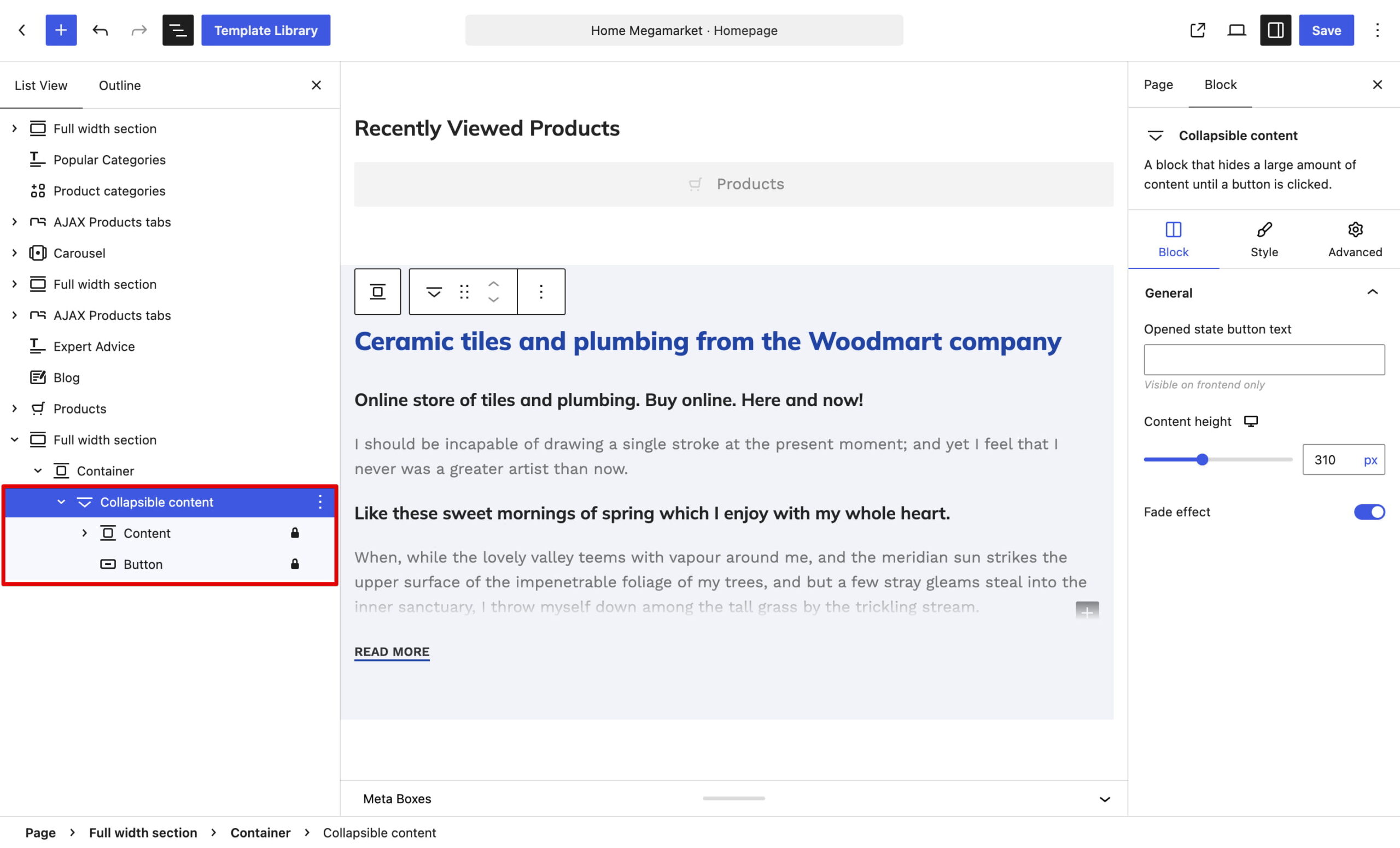 Website editor showing a selected collapsible content block with its settings panel open