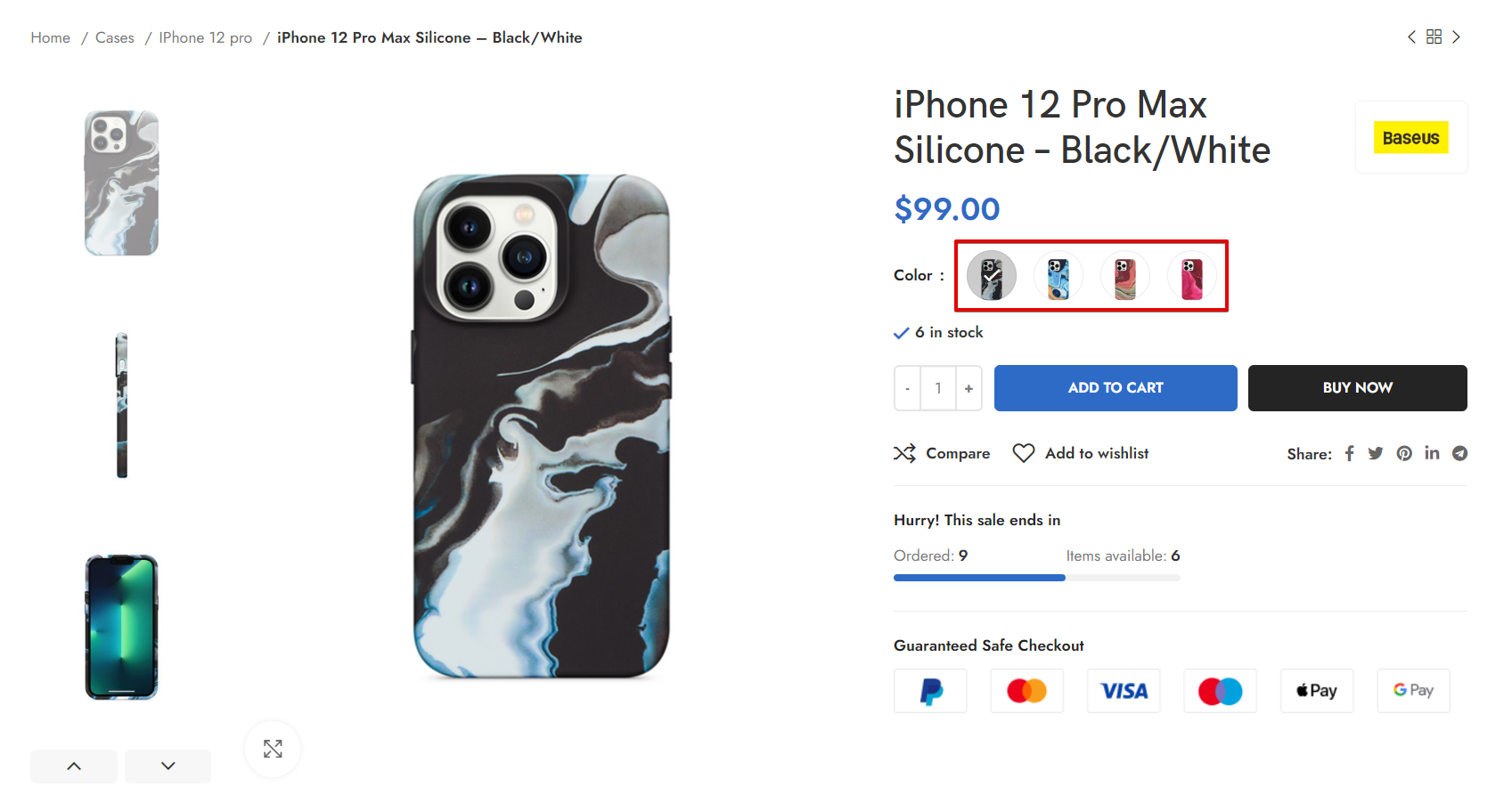 Linked color swatches for separate iPhone case products