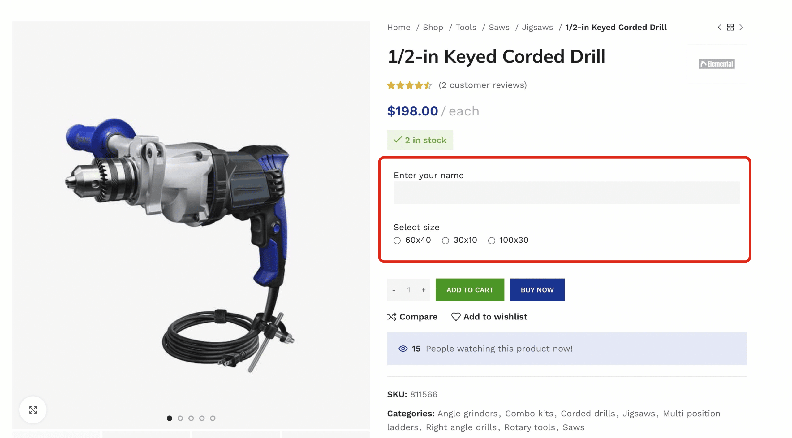 Third-party product fields displayed on a standard WooCommerce product page