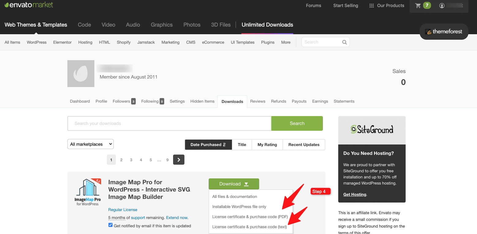 License certificate and purchase code download option in ThemeForest
