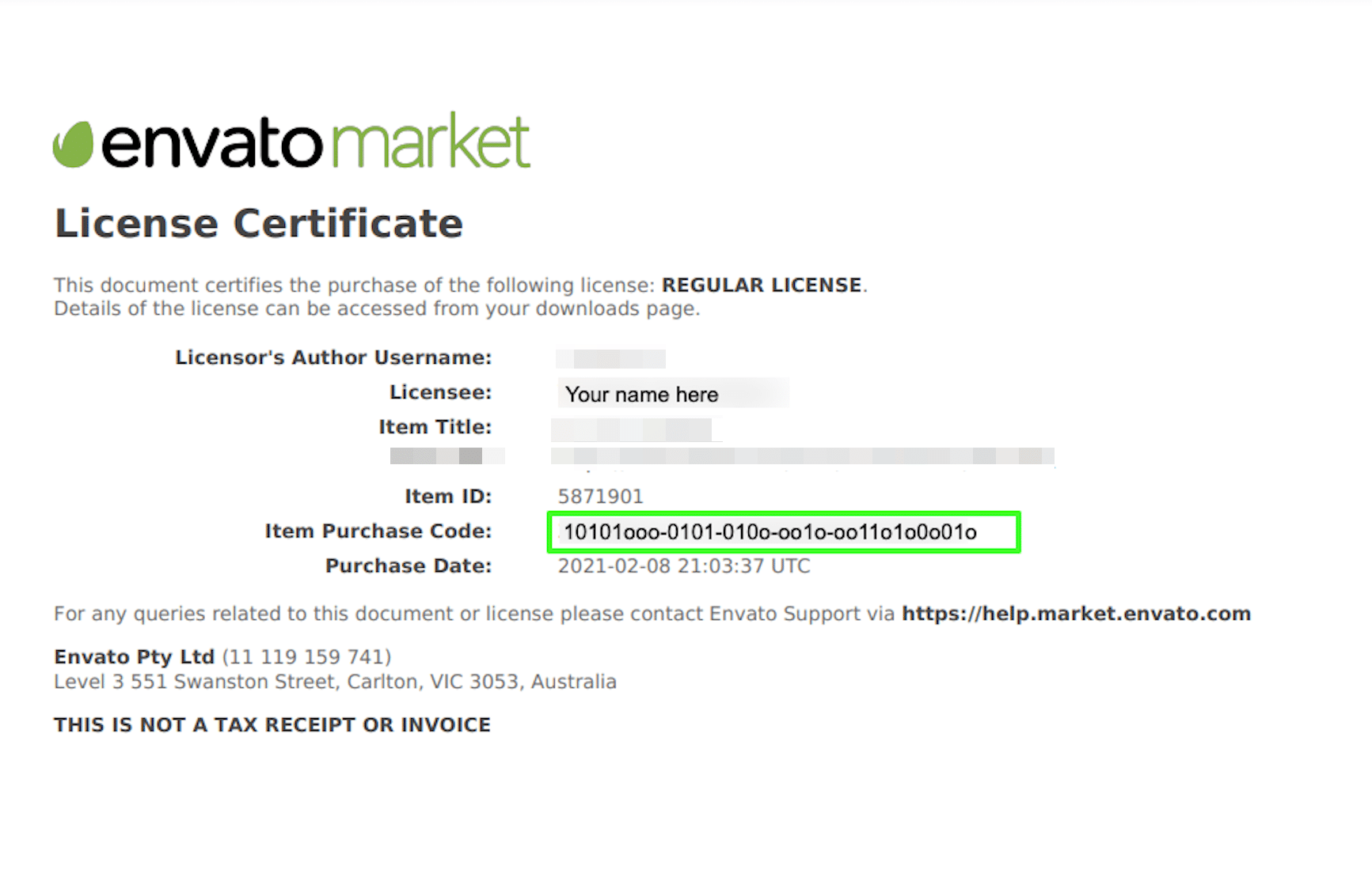 WoodMart purchase code in an Envato license certificate