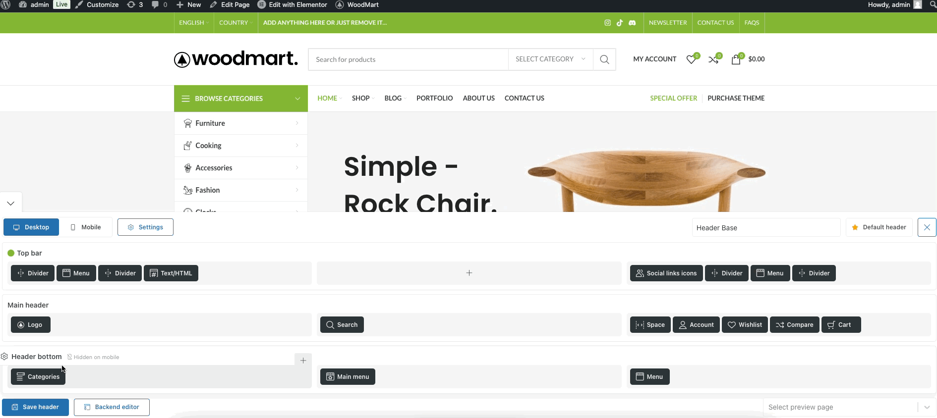 Live header editing in Header Builder Frontend mode