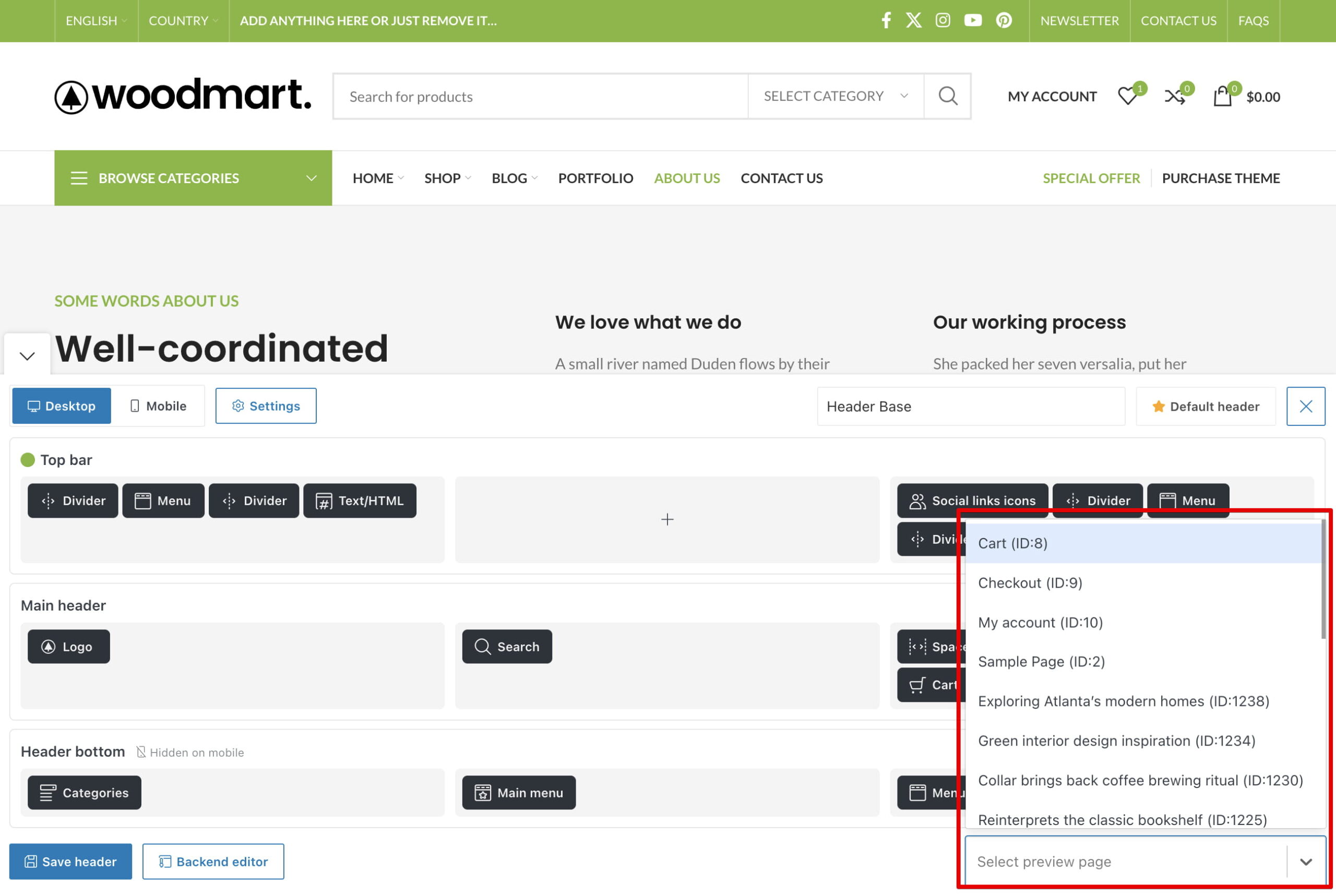 Screenshot of a website header builder with a page preview dropdown open and a list of preview pages