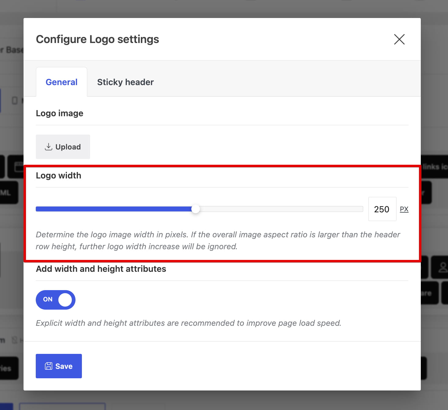 Logo width setting in header builder