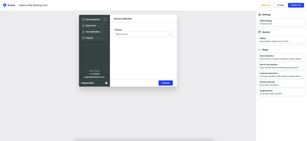 Amelia Step-by-Step Booking form customization screen