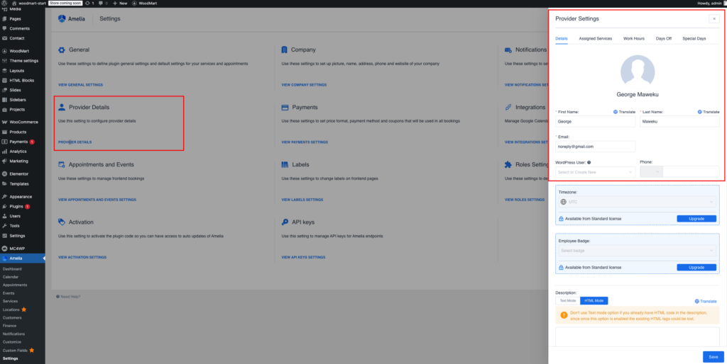 Amelia provider settings with employee details and assigned services