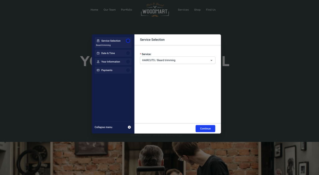 Amelia Step-by-Step Booking form displayed in a popup on a WoodMart page