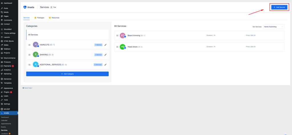 Amelia service catalog with service categories and the Add Service button