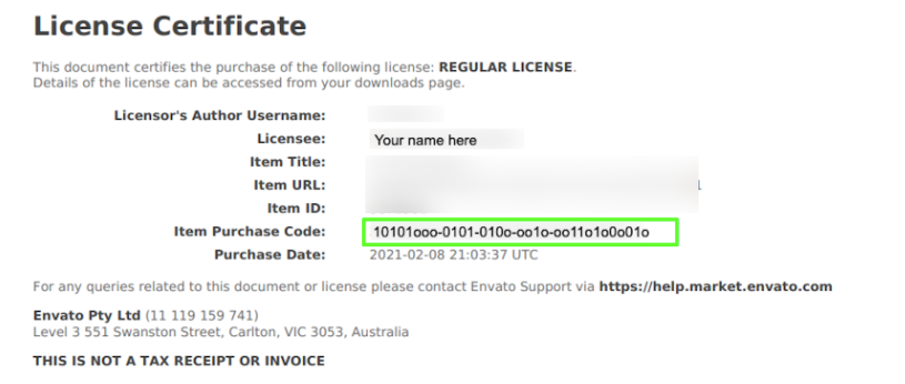 License certificate and purchase code download option in Envato Market