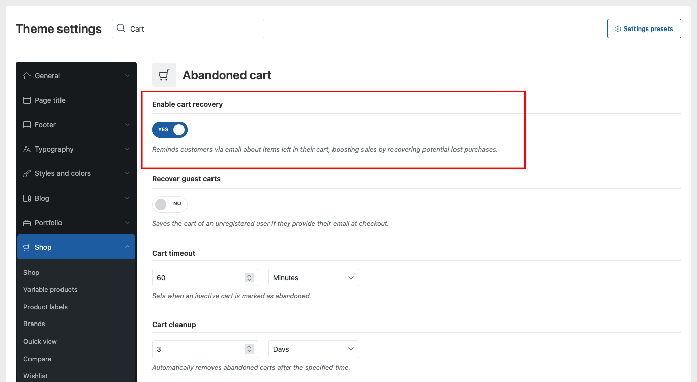 WoodMart abandoned cart settings in Theme Settings