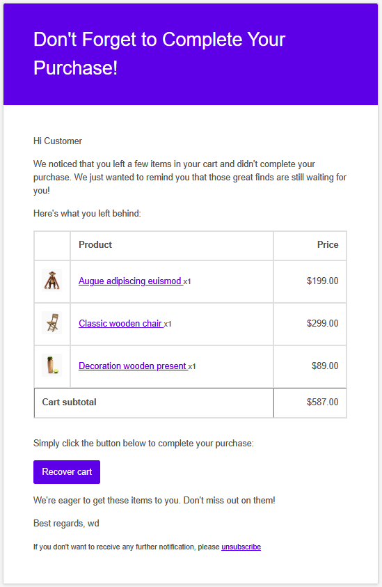 A customized WoodMart abandoned cart recovery email