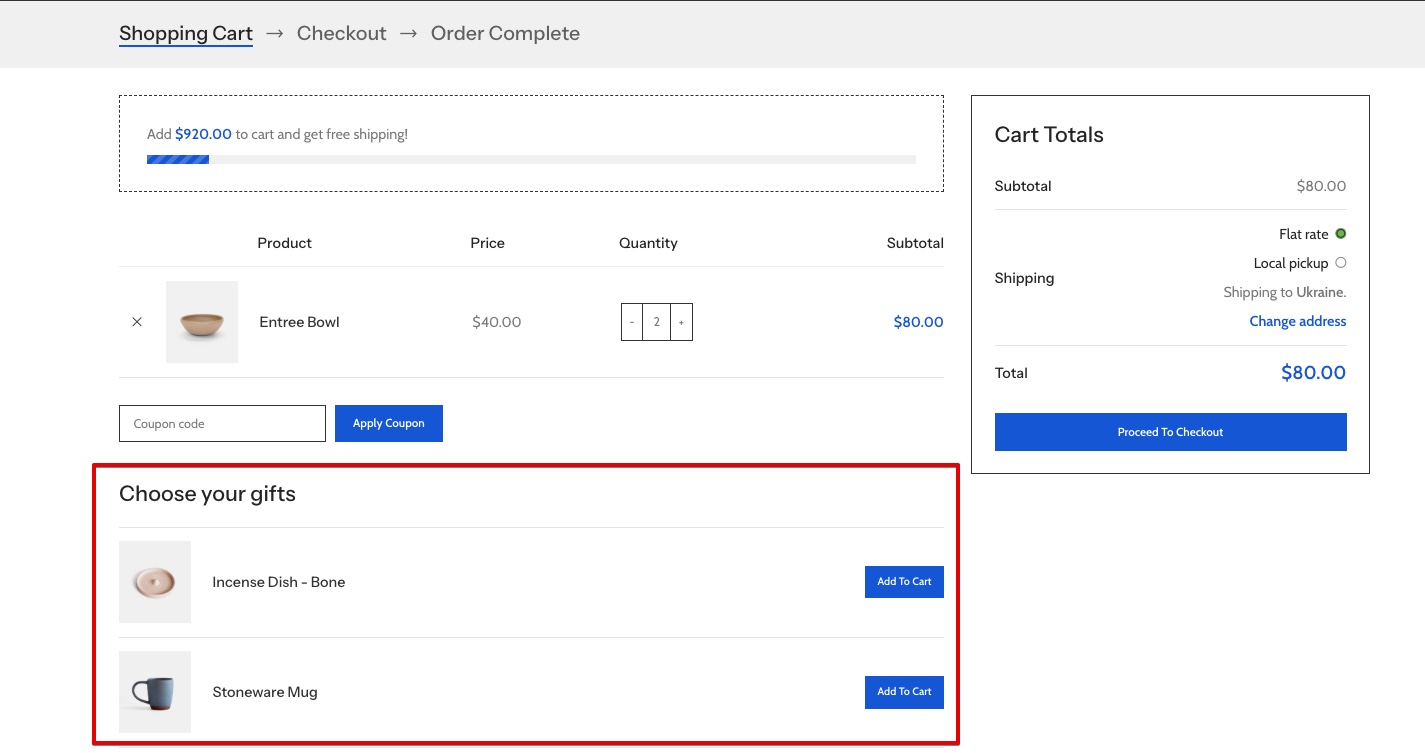 WooCommerce free gifts displayed in the cart with WoodMart