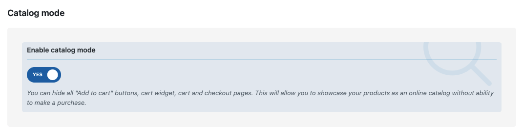 The Enable catalog mode setting in Theme Settings