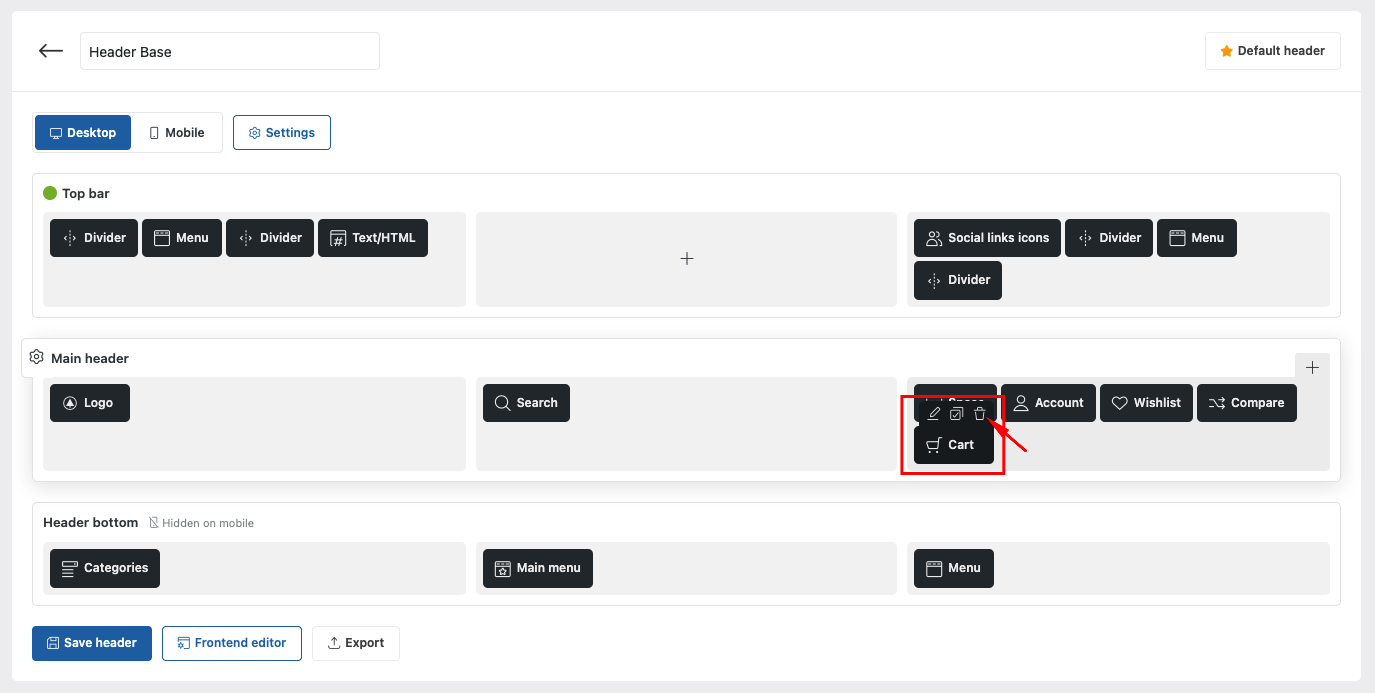 Removing the cart element in the WoodMart header builder