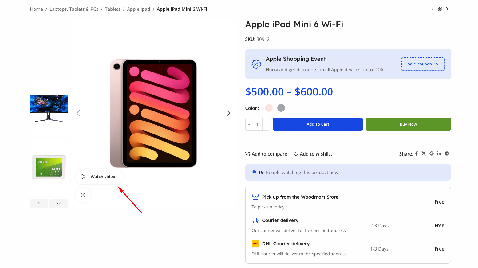 WoodMart video popup on a product page