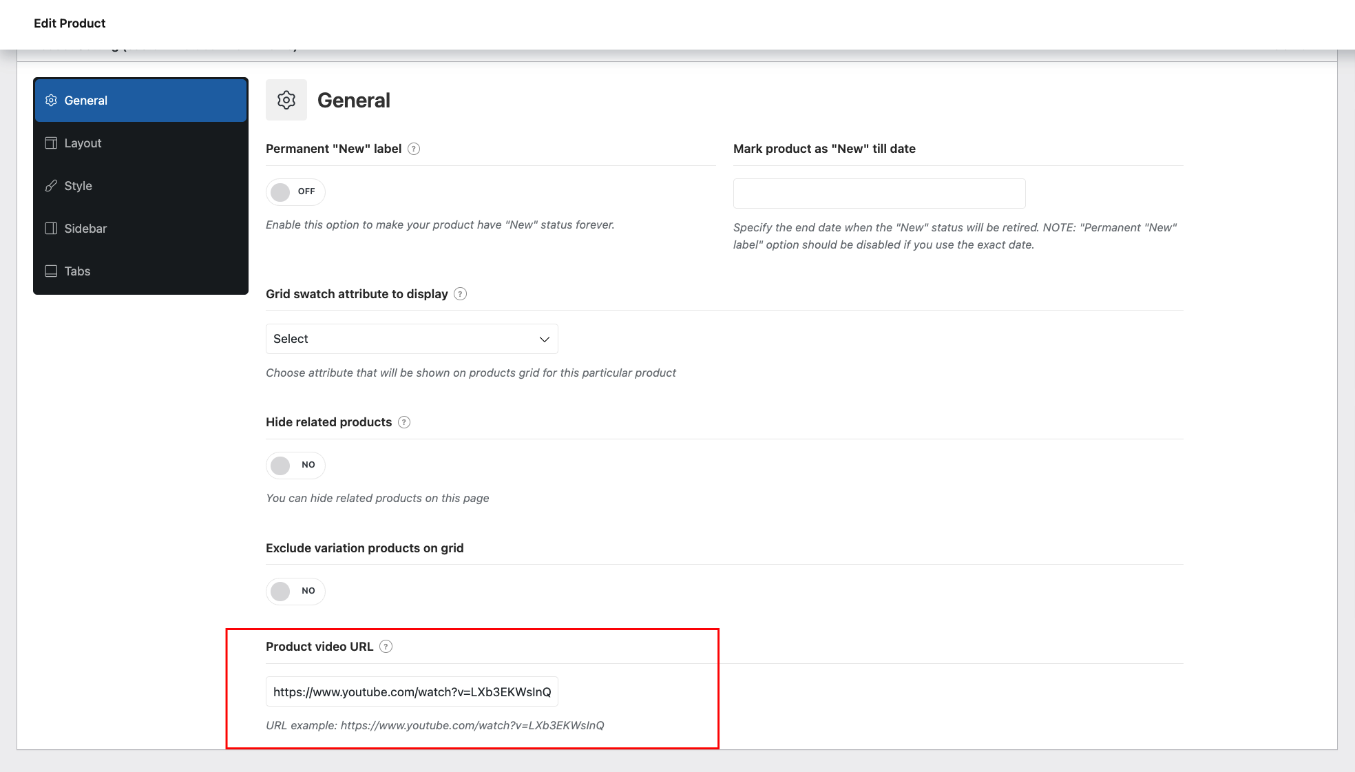 Adding the video URL in the product settings