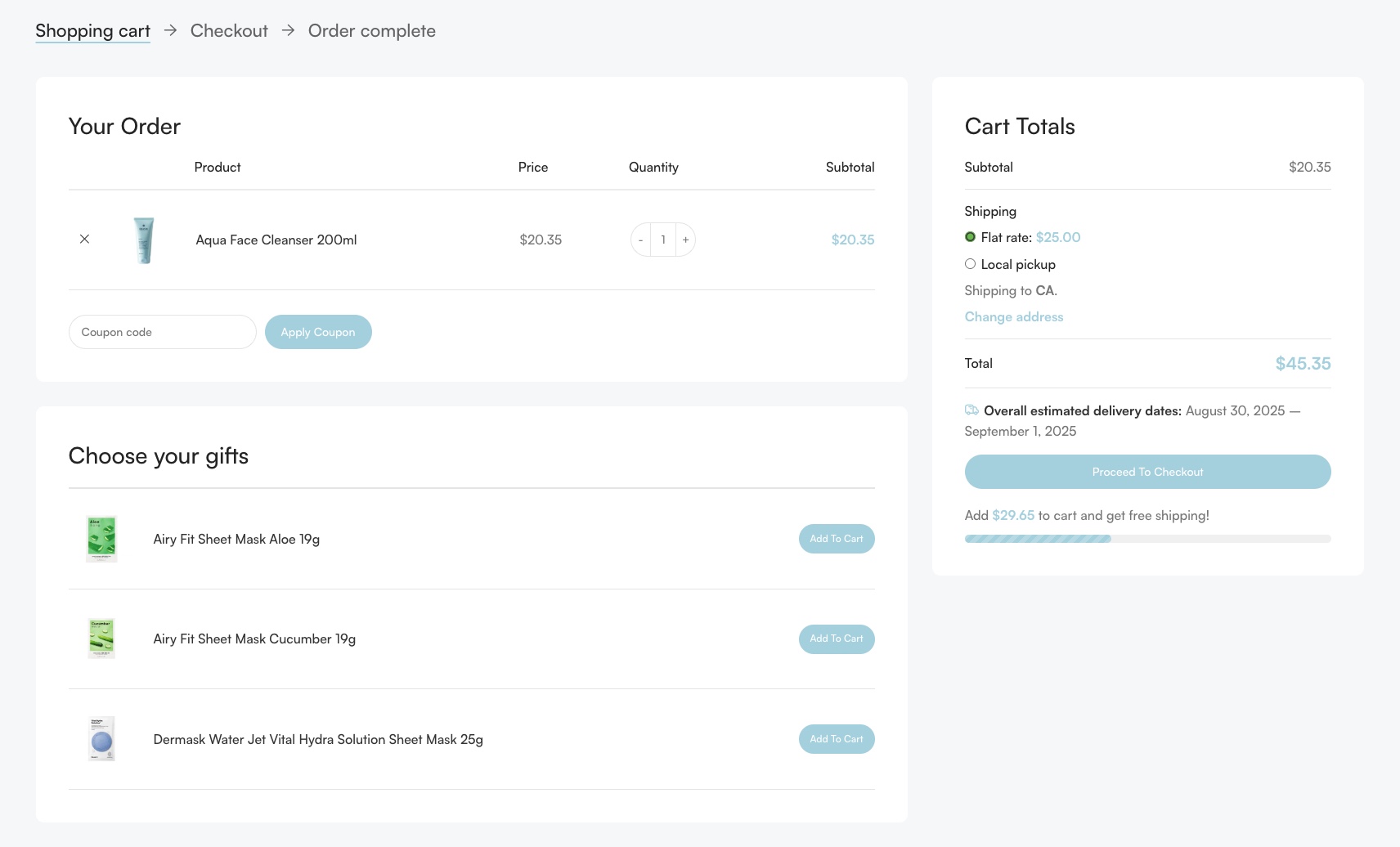 A custom WooCommerce cart page built with WoodMart