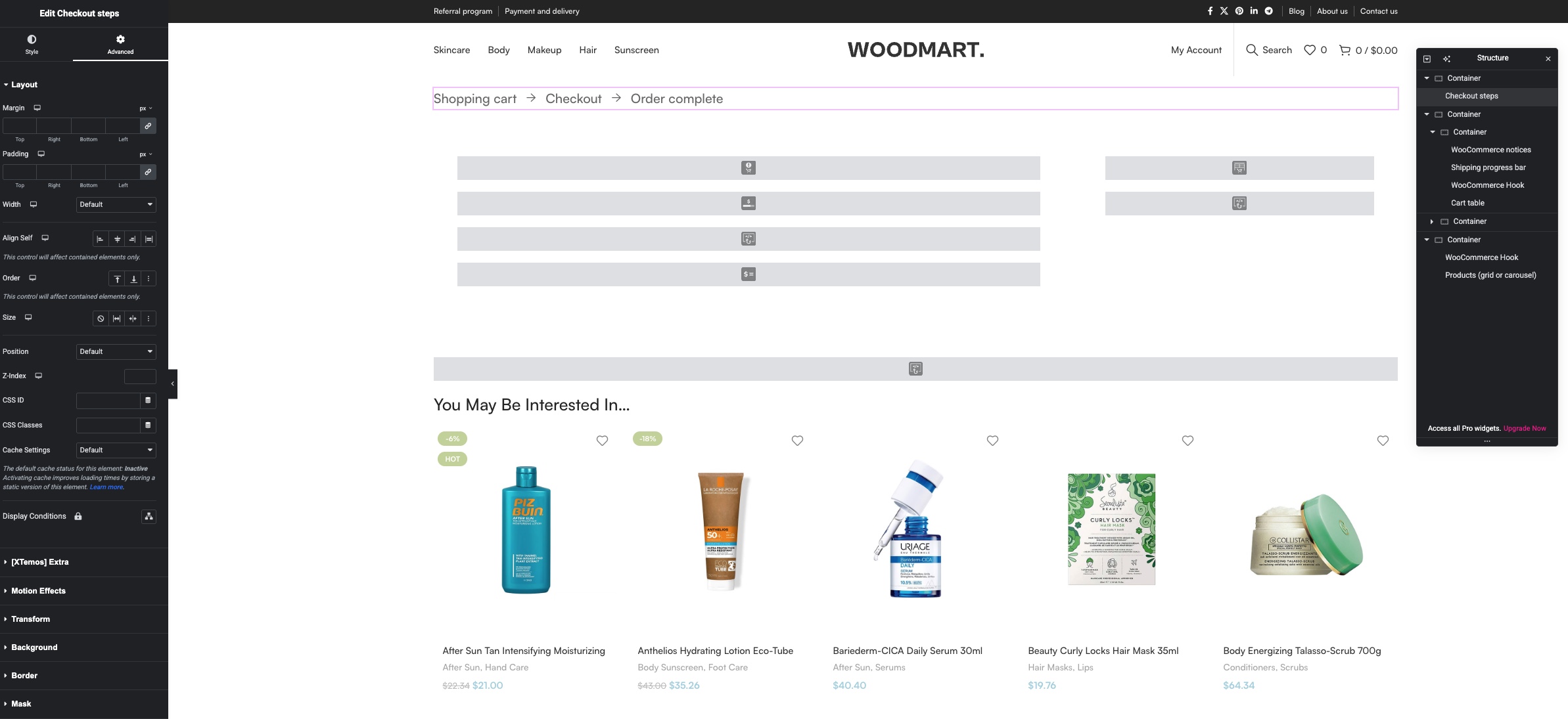 Editing the cart page elements in the WoodMart WooCommerce Layout Builder