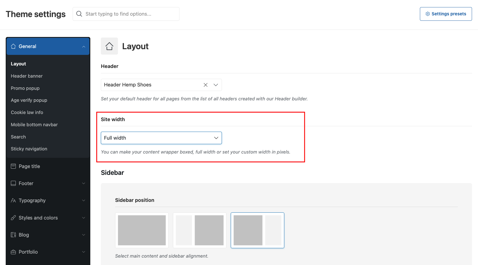 site width settings