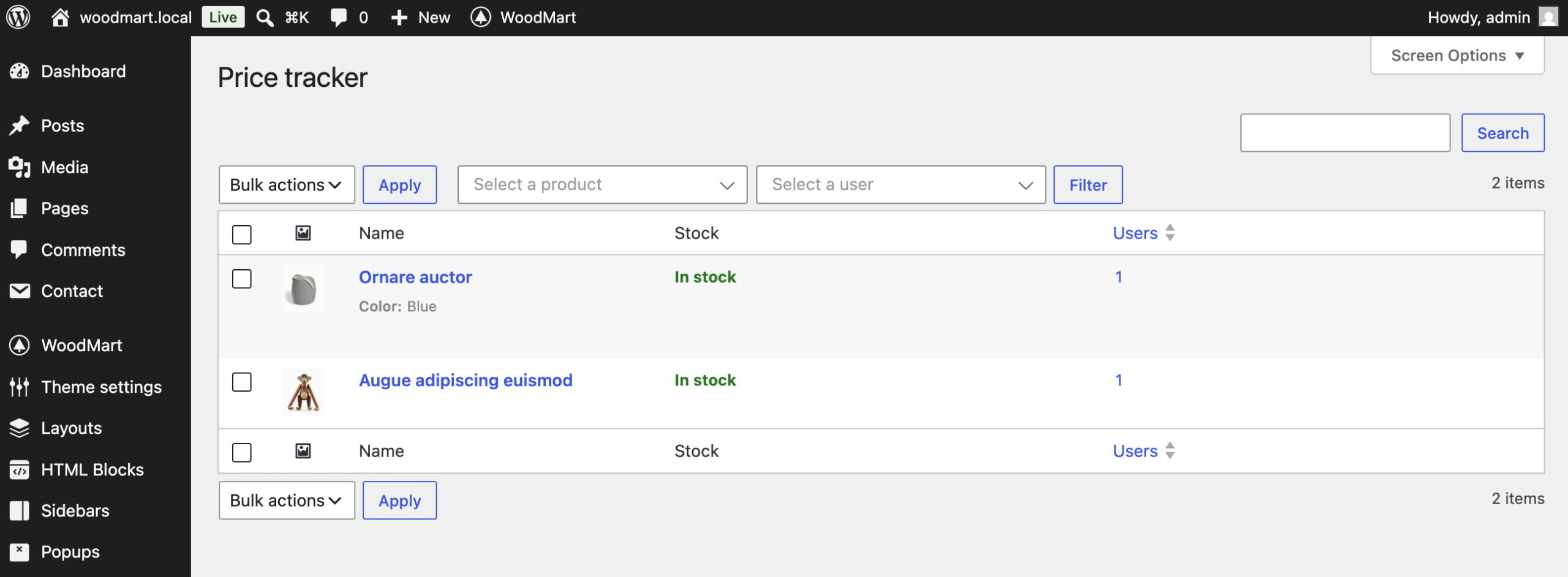 Price tracker product list with stock status and user counts