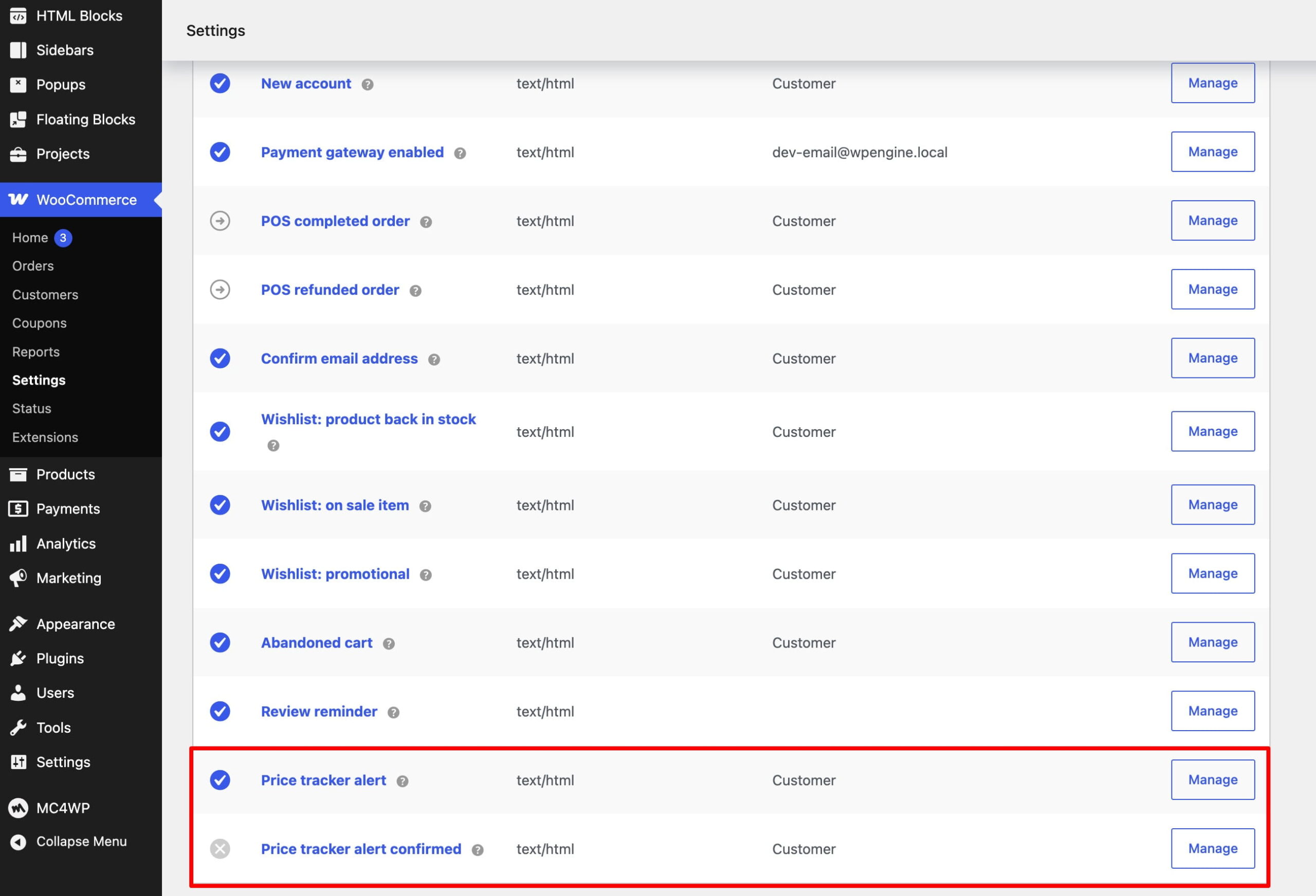 WooCommerce email templates list with Price tracker alert highlighted