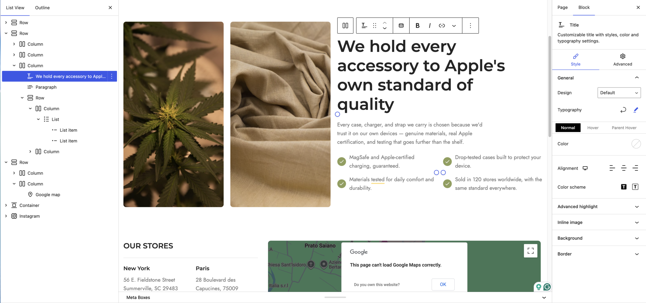 Result built using our theme's blocks and with texts relevant to your company