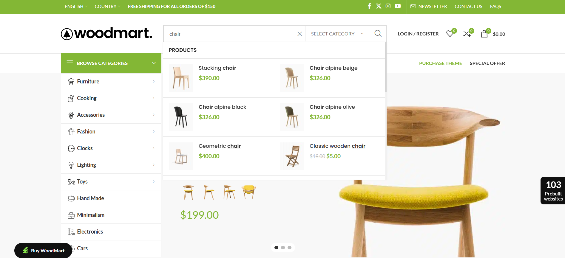 WoodMart AJAX search displays matching products while the customer types.