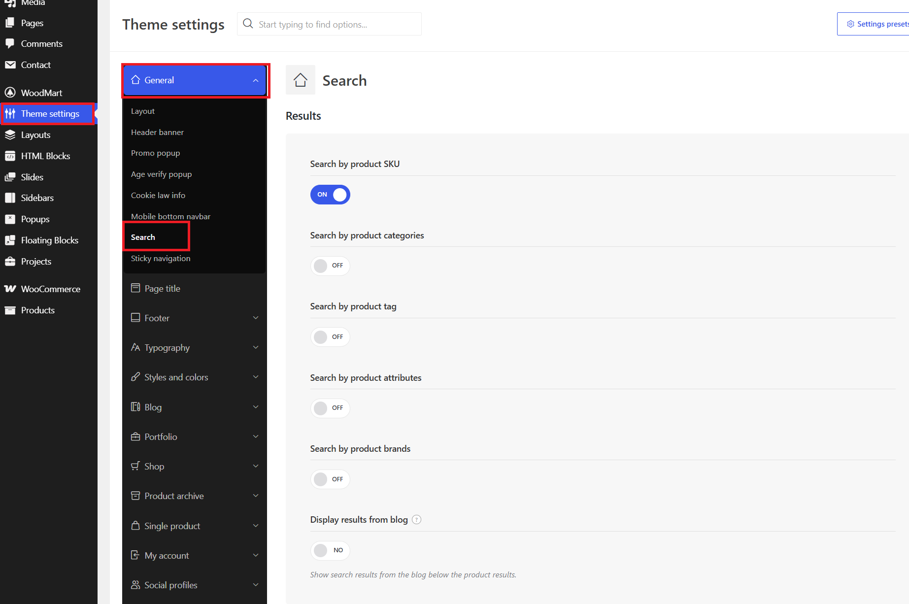 Turn on SKU, category, tag, attribute, and brand search to improve search accuracy.