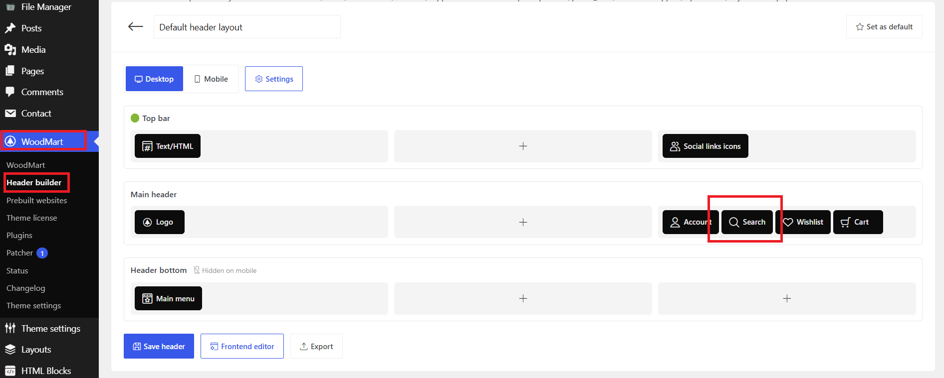 Accessing Search element settings in the WoodMart Header Builder.