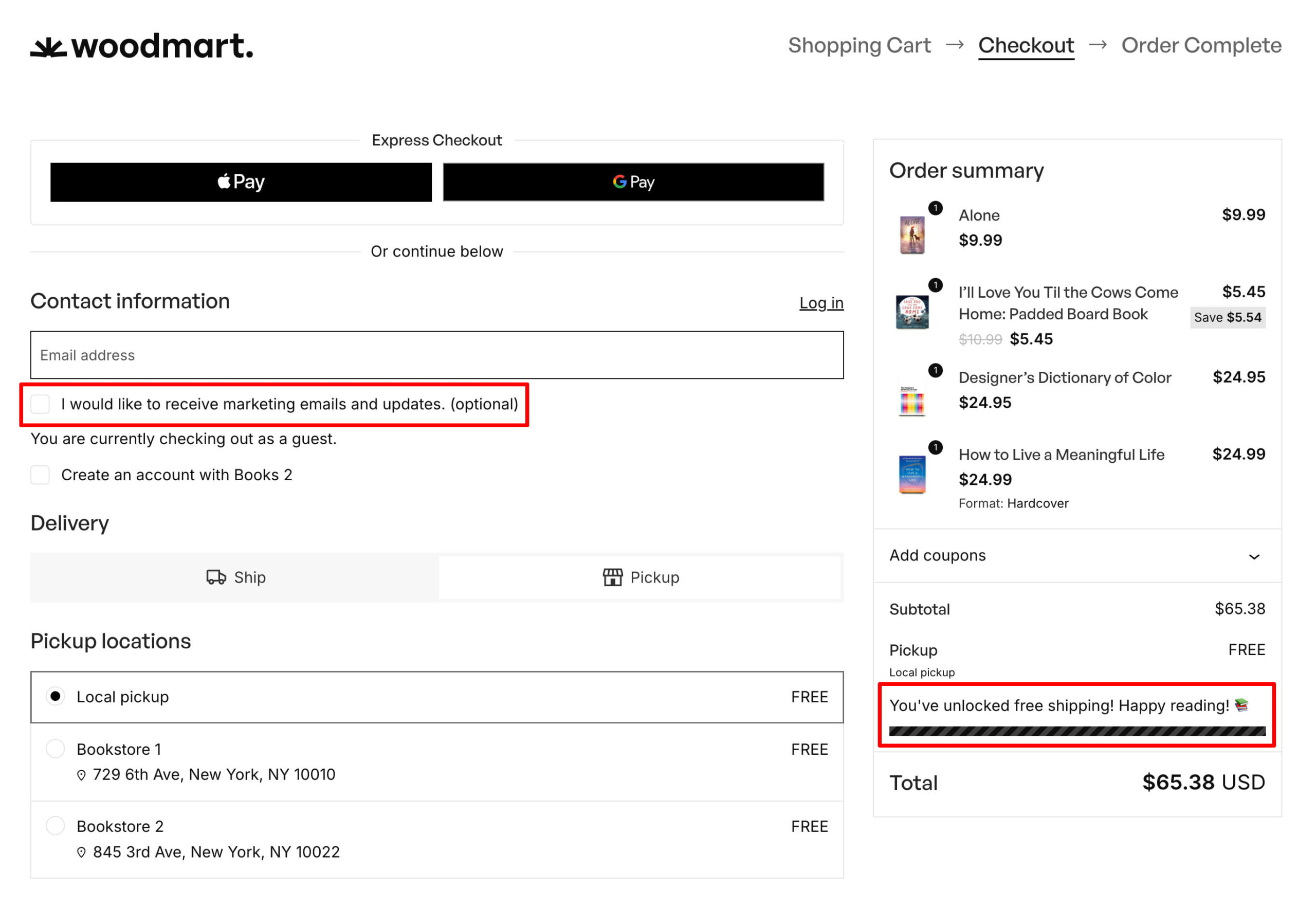 Checkout block with the Free Shipping Bar and Email Marketing Consent options enabled, as shown on the Books 2 demo.