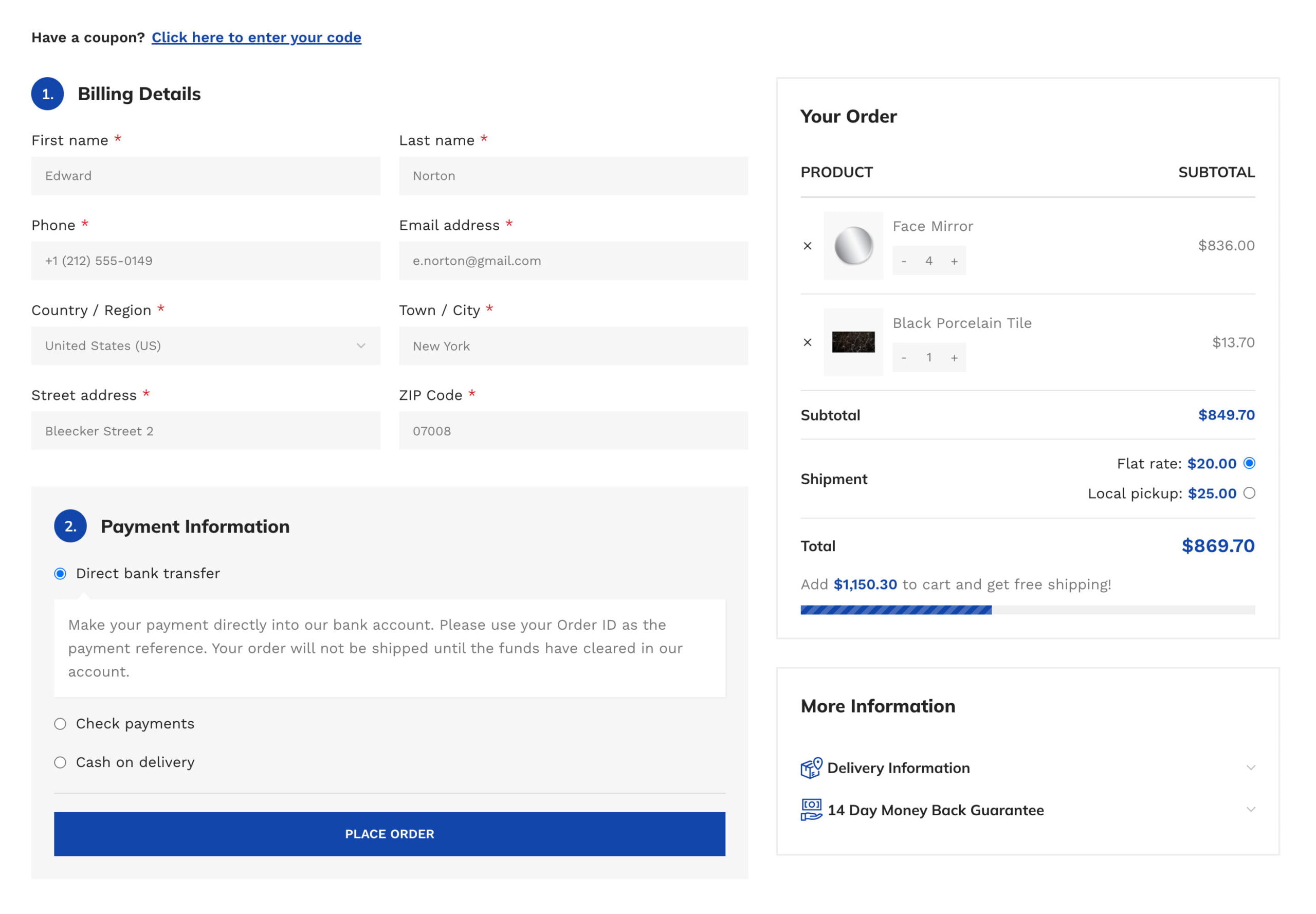 The WoodMart Layout Builder, combined with the classic checkout, provides more control over the checkout layout, allowing you to change column widths, rearrange them, and modify the background and borders.