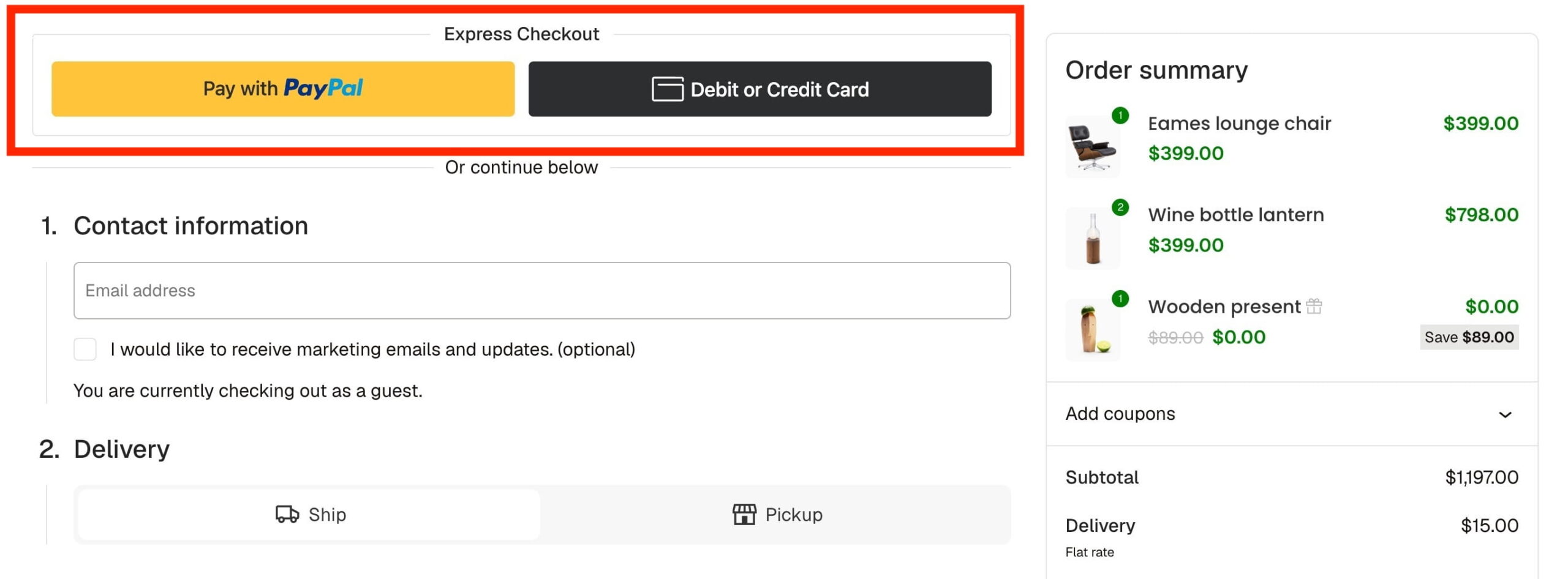 With a compatible payment gateway, the Checkout block places Express Checkout at the top, letting customers skip the form and go straight to payment.